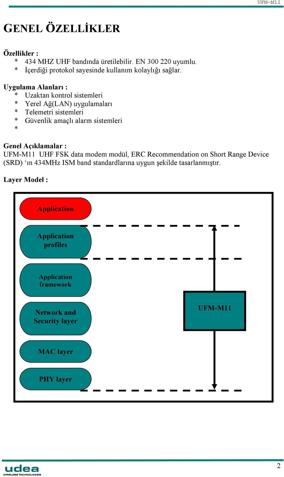 Genel Açıklamalar : UFM-M11 UHF FSK data modem modül, ERC Recommendation on Short Range Device (SRD) ın 434MHz ISM band standardlarına uygun