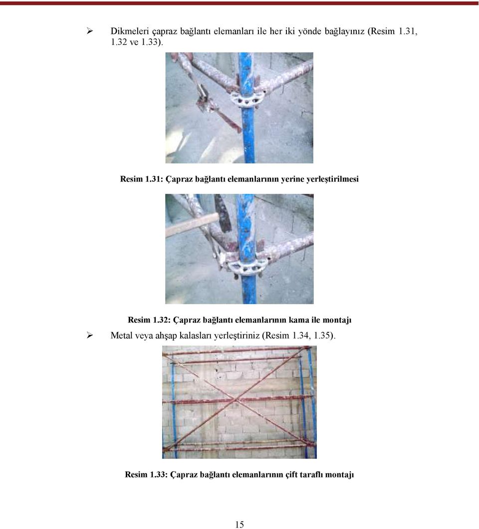 32: Çapraz bağlantı elemanlarının kama ile montajı Metal veya ahşap kalasları
