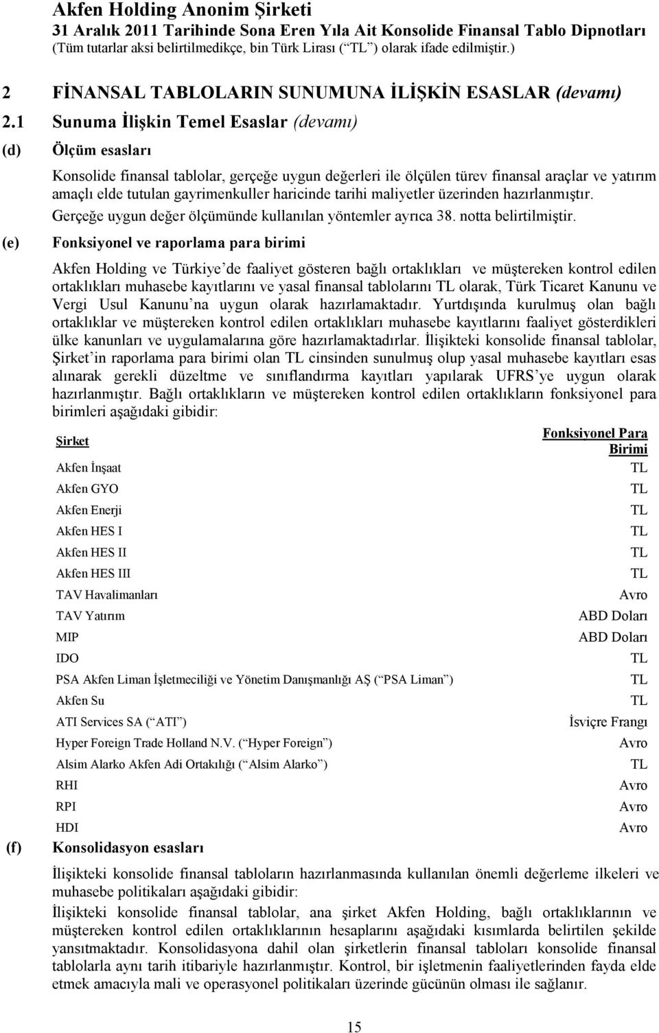 gayrimenkuller haricinde tarihi maliyetler üzerinden hazırlanmıştır. Gerçeğe uygun değer ölçümünde kullanılan yöntemler ayrıca 38. notta belirtilmiştir.