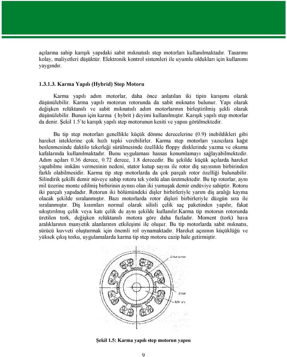 Yapı olarak değişken relüktanslı ve sabit mıknatıslı adım motorlarının birleştirilmiş şekli olarak düşünülebilir. Bunun için karma ( hybrit ) deyimi kullanılmıştır.