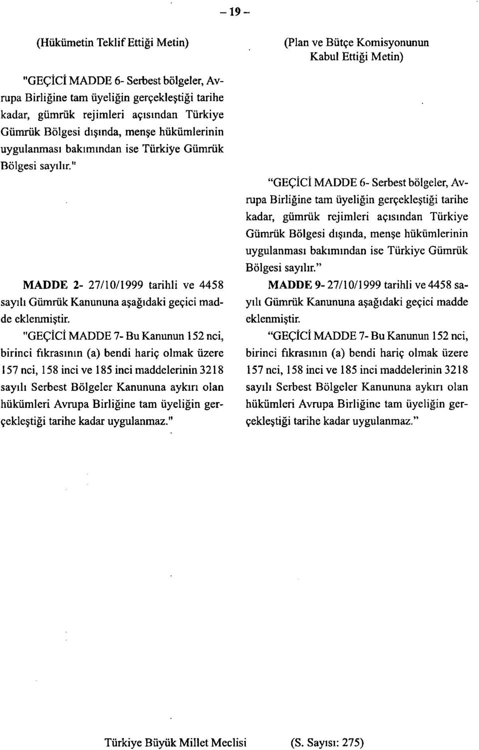 "GECICi MADDE 7- Bu Kanunun 152 nci, birinci fikrasinin (a) bendi harig olmak uzere 157 nci, 158 inci ve 185 inci maddelerinin 3218 sayili Serbest Bolgeler Kanununa aykiri olan hiikumleri Avrupa