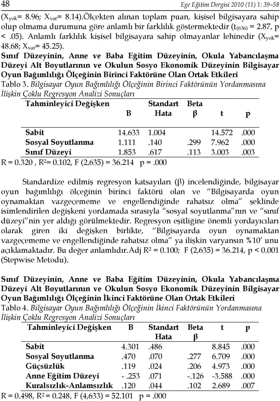 Sınıf Düzeyinin, Anne ve Baba Eğitim Düzeyinin, Okula Yabancılaşma Düzeyi Alt Boyutlarının ve Okulun Sosyo Ekonomik Düzeyinin Bilgisayar Oyun Bağımlılığı Ölçeğinin Birinci Faktörüne Olan Ortak