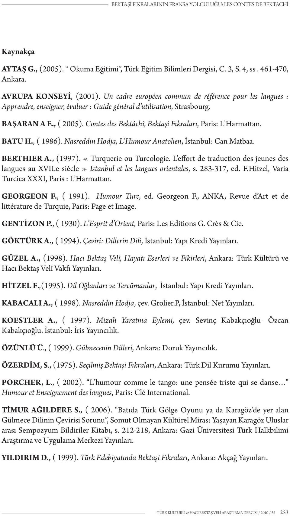 Contes des Bektâchî, Bektaşi Fıkraları, Paris: L Harmattan. BATU H., ( 1986). Nasreddin Hodja, L Humour Anatolien, İstanbul: Can Matbaa. BERTHIER A., (1997). «Turquerie ou Turcologie.