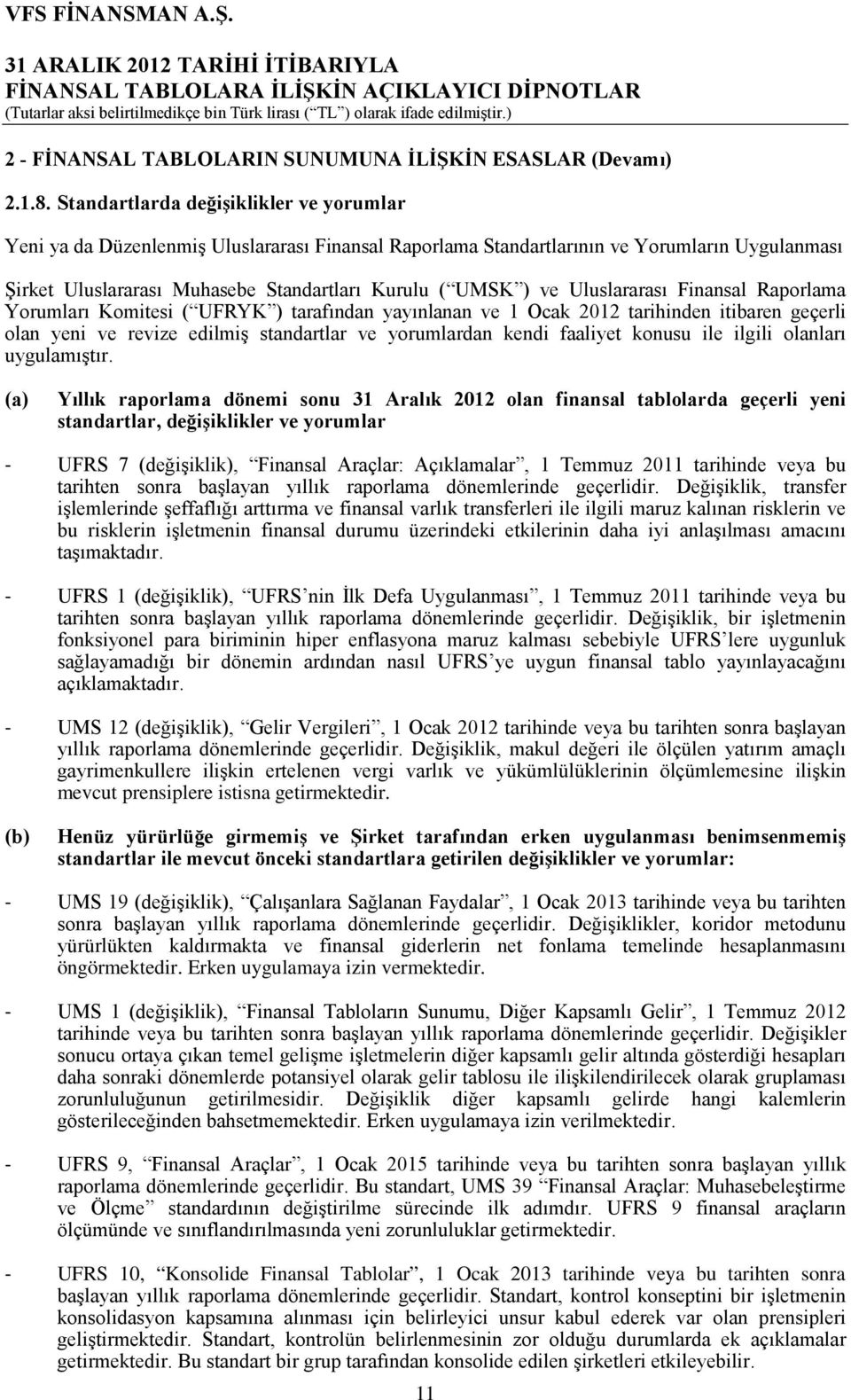 Uluslararası Finansal Raporlama Yorumları Komitesi ( UFRYK ) tarafından yayınlanan ve 1 Ocak 2012 tarihinden itibaren geçerli olan yeni ve revize edilmiş standartlar ve yorumlardan kendi faaliyet