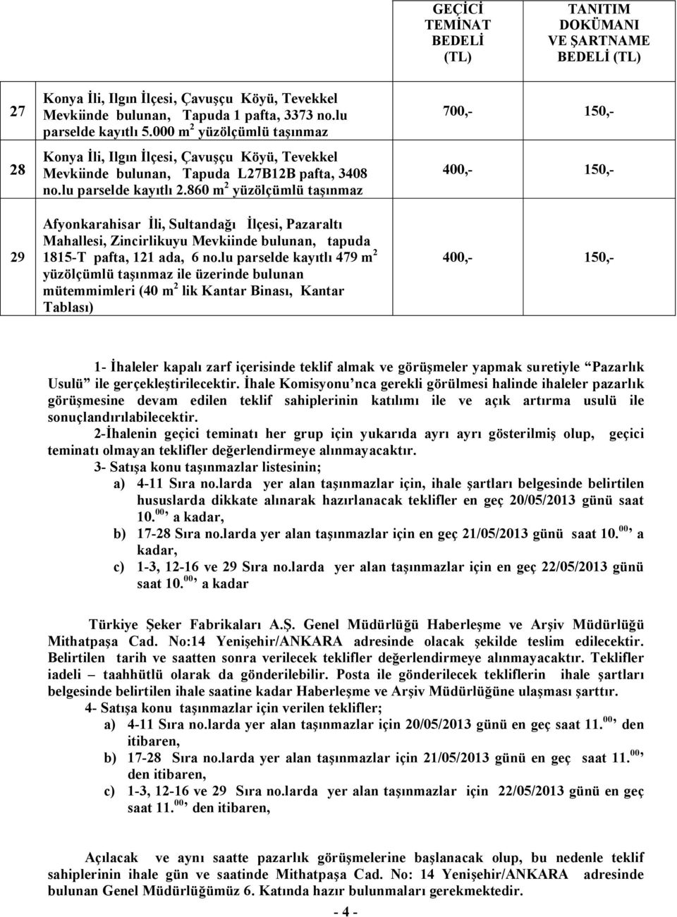 lu parselde kayıtlı 479 m 2 mütemmimleri (40 m 2 lik Kantar Binası, Kantar Tablası) 700,- 150,- 400,- 150,- 400,- 150,- 1- İhaleler kapalı zarf içerisinde teklif almak ve görüşmeler yapmak suretiyle