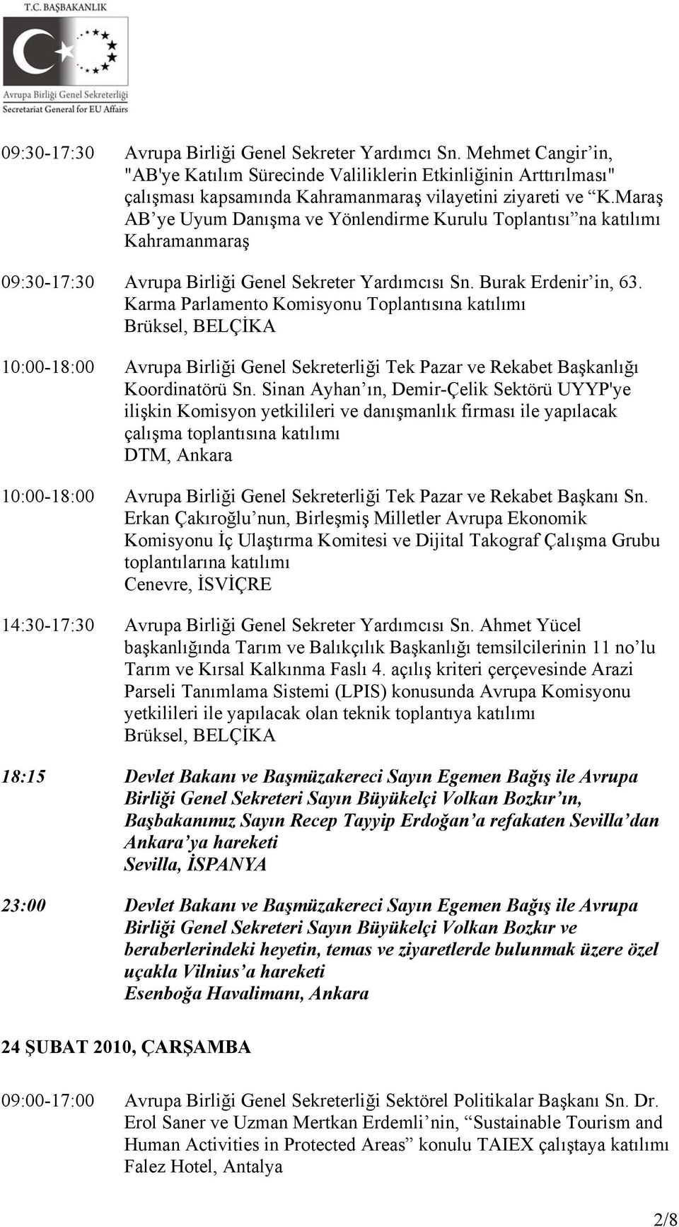 Karma Parlamento Komisyonu Toplantısına katılımı 10:00-18:00 Avrupa Birliği Genel Sekreterliği Tek Pazar ve Rekabet Başkanlığı Koordinatörü Sn.