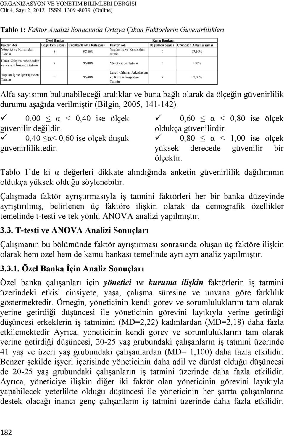 Tatmin 5 100% 6 96,40% Ücret, Çalışma Arkadaşları ve Kurum İmajından Tatmin 7 97,00% Alfa sayısının bulunabileceği aralıklar ve buna bağlı olarak da ölçeğin güvenirlilik durumu aşağıda verilmiştir