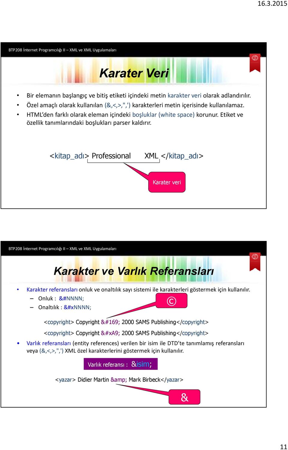 <kitap_adı> Professional XML </kitap_adı> Karater veri Karakter ve Varlık Referansları Karakter referansları onluk ve onaltılık sayı sistemi ile karakterleri göstermek için kullanılır.