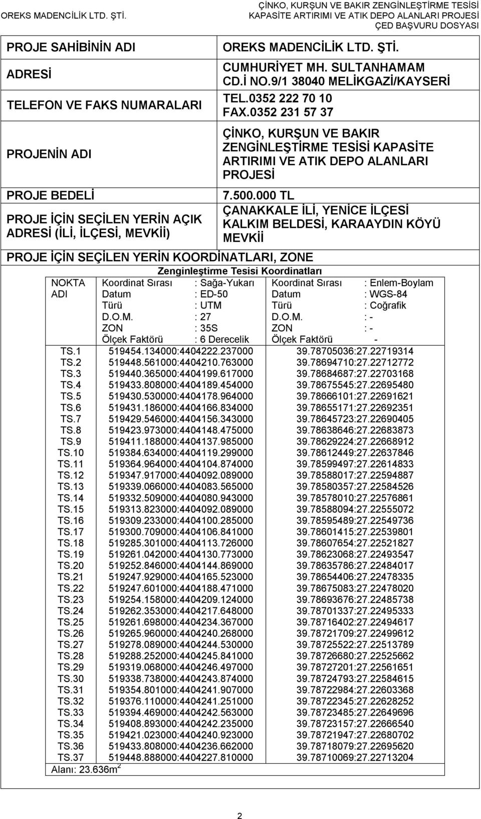 000 TL ÇANAKKALE İLİ, YENİCE İLÇESİ KALKIM BELDESİ, KARAAYDIN KÖYÜ MEVKİİ PROJE İÇİN SEÇİLEN YERİN KOORDİNATLARI, ZONE Zenginleştirme Tesisi Koordinatları NOKTA Koordinat Sırası : Sağa-Yukarı