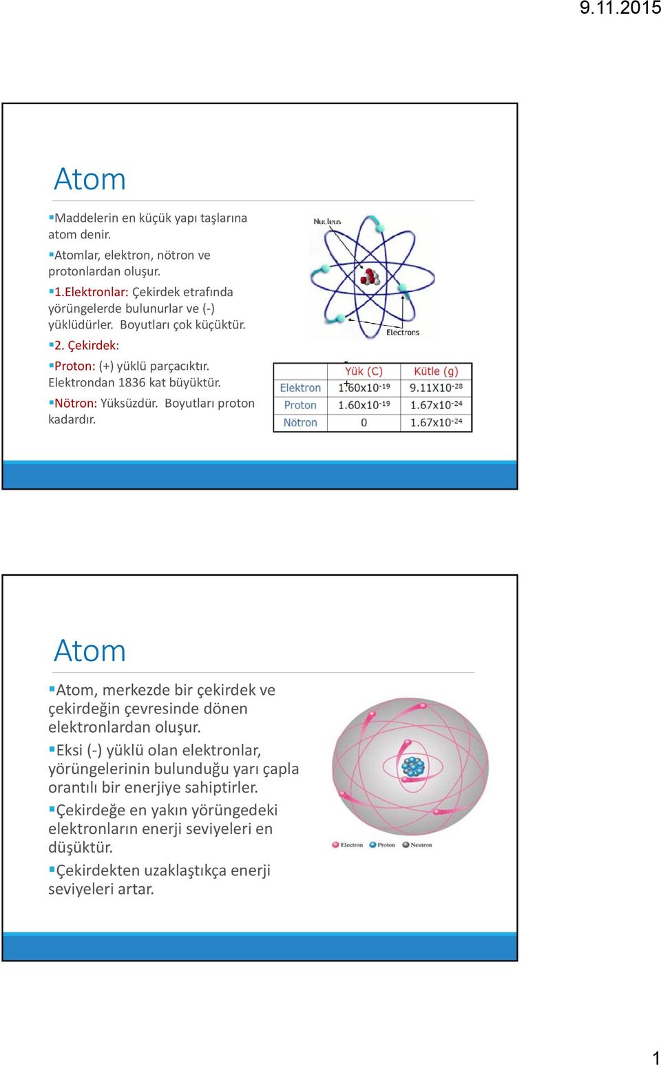 Elektrondan 1836 kat büyüktür. Nötron: Yüksüzdür. Boyutları proton kadardır.