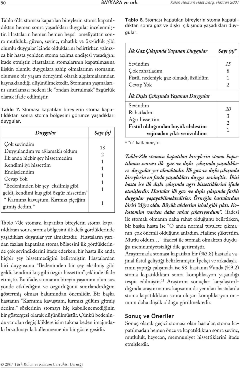 yaşadığını ifade etmiştir. Hastaların stomalarının kapatılmasına ilişkin olumlu duygulara sahip olmalarının stomanın olumsuz bir yaşam deneyimi olarak algılamalarından kaynaklandığı düşünülmektedir.