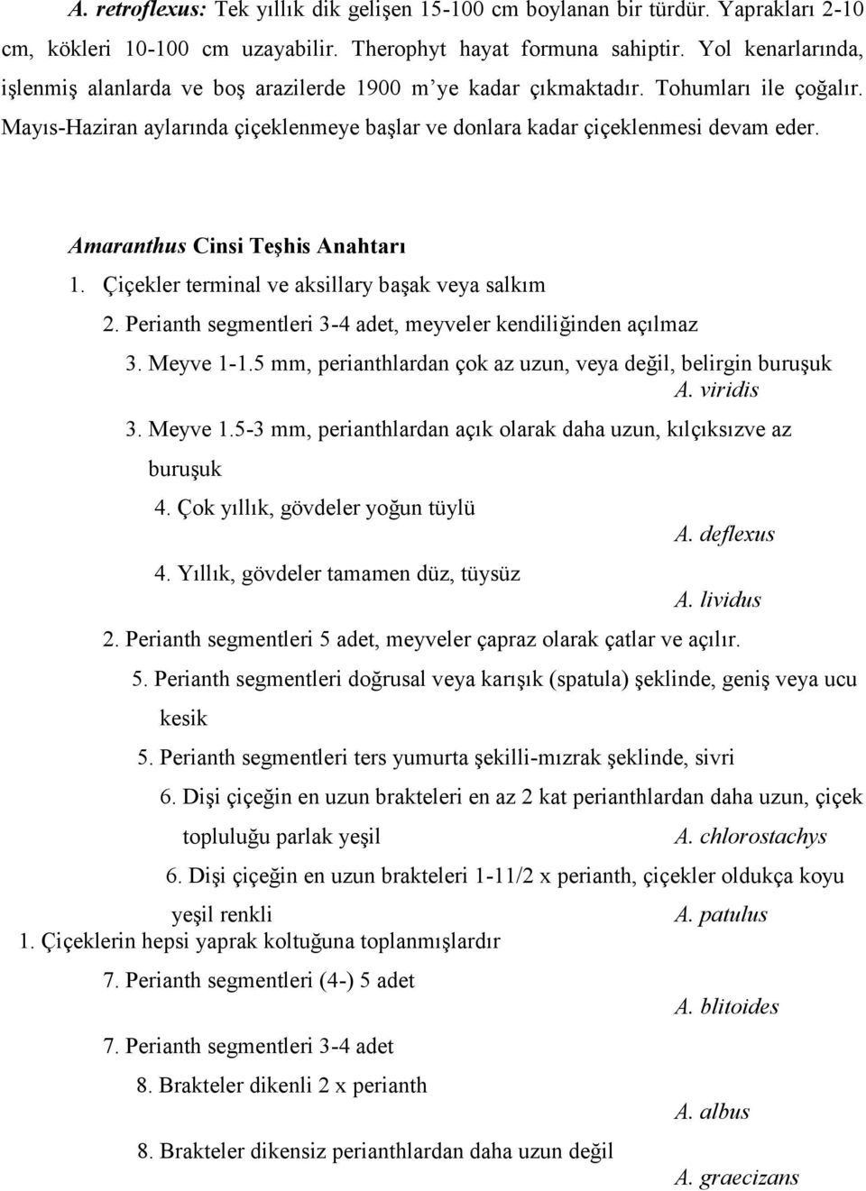 Amaranthus Cinsi Teşhis Anahtarı 1. Çiçekler terminal ve aksillary başak veya salkım 2. Perianth segmentleri 3-4 adet, meyveler kendiliğinden açılmaz 3. Meyve 1-1.