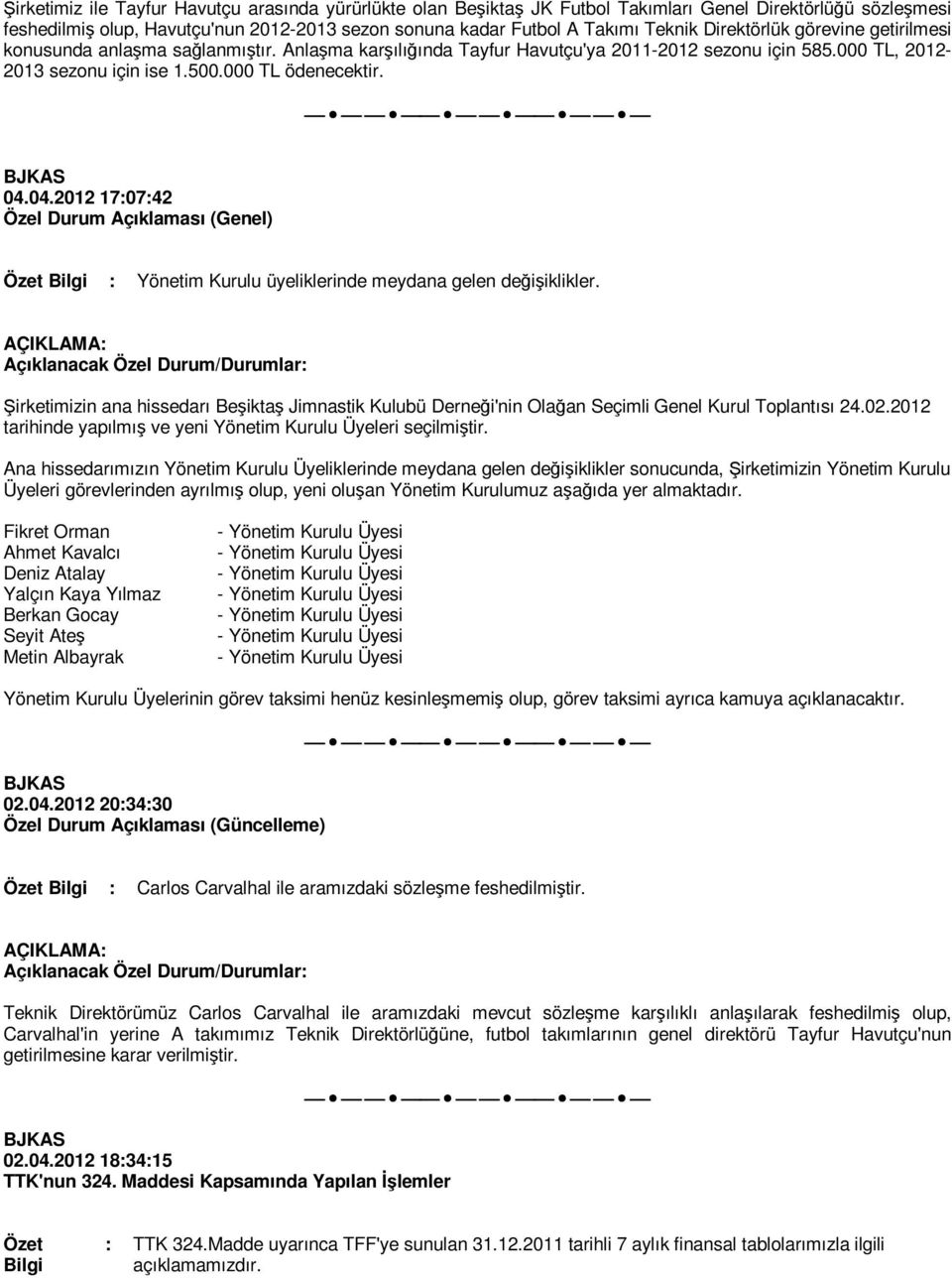 04.2012 17:07:42 : Yönetim Kurulu üyeliklerinde meydana gelen değişiklikler. Şirketimizin ana hissedarı Beşiktaş Jimnastik Kulubü Derneği'nin Olağan Seçimli Genel Kurul Toplantısı 24.02.
