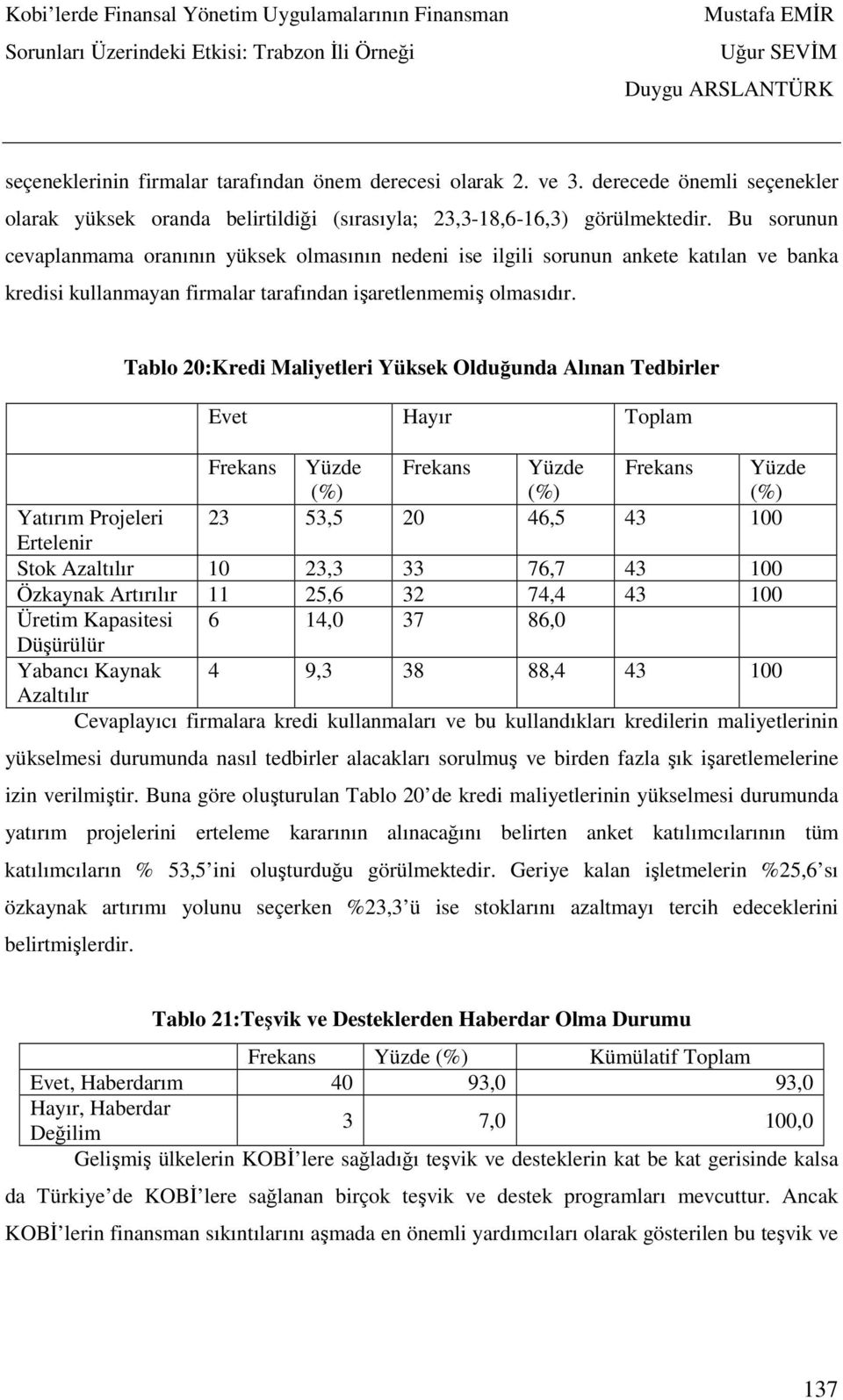 Tablo 20:Kredi Maliyetleri Yüksek Olduğunda Alınan Tedbirler Evet Hayır Toplam Frekans Yüzde Frekans Yüzde Frekans Yüzde (%) (%) (%) Yatırım Projeleri 23 53,5 20 46,5 43 100 Ertelenir Stok Azaltılır