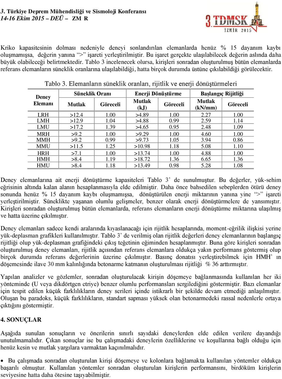 Tablo 3 incelenecek olursa, kirişleri sonradan oluşturulmuş bütün elemanlarda referans elemanların süneklik oranlarına ulaşılabildiği, hatta birçok durumda üstüne çıkılabildiği görülecektir. Tablo 3.