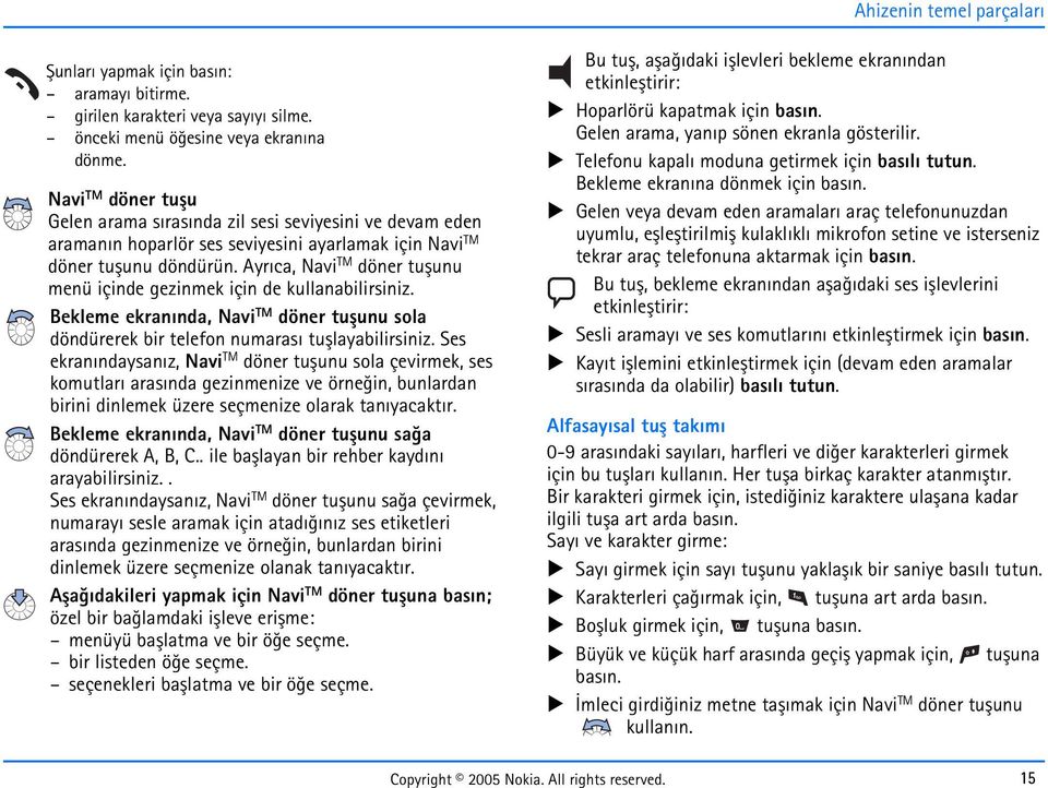 Ayrýca, Navi TM döner tuþunu menü içinde gezinmek için de kullanabilirsiniz. Bekleme ekranýnda, Navi TM döner tuþunu sola döndürerek bir telefon numarasý tuþlayabilirsiniz.