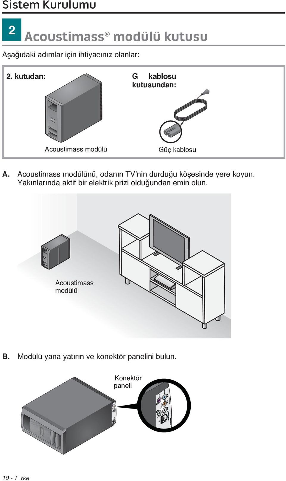 Acoustimass modülünü, odanın TV nin durduğu köşesinde yere koyun.