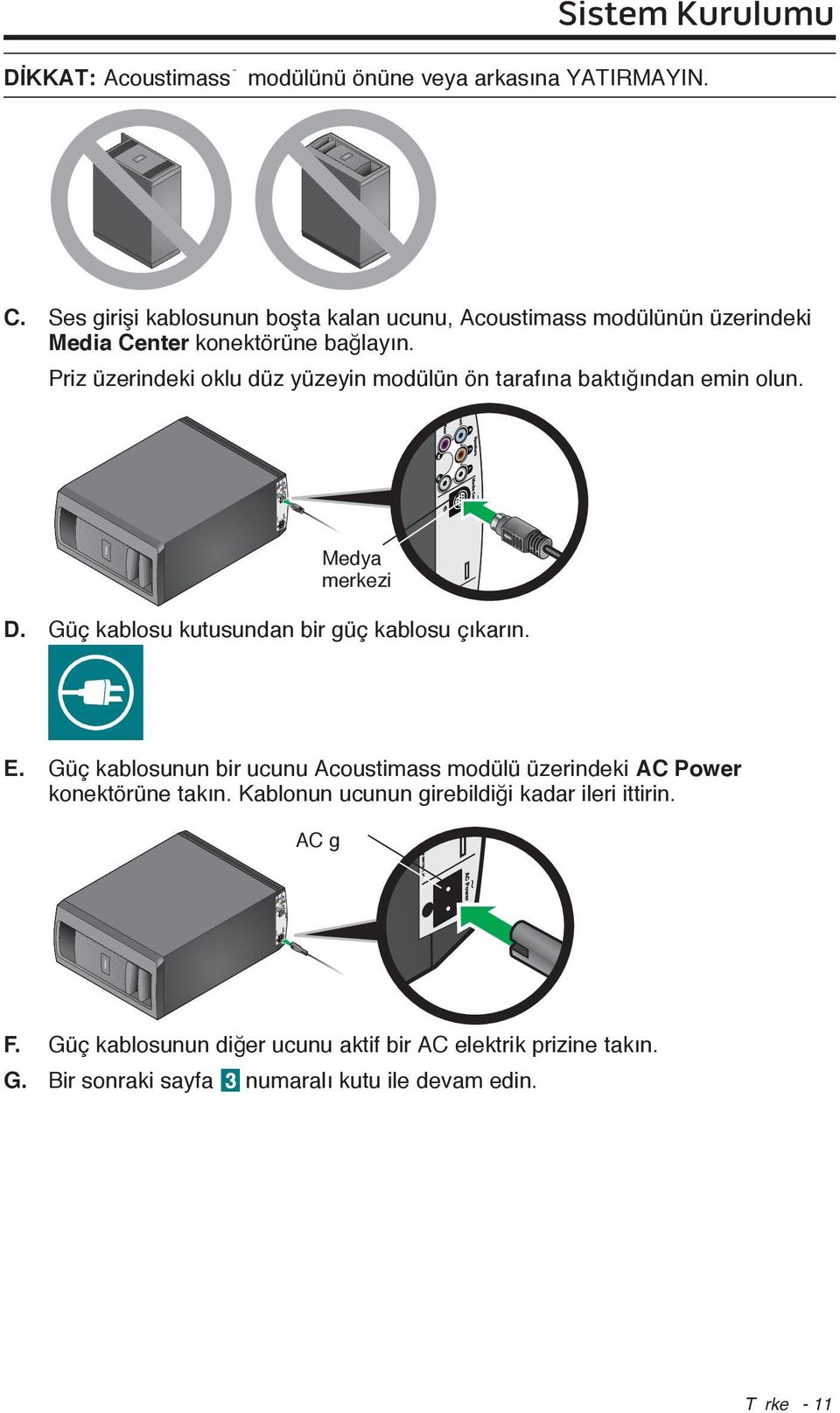 Priz üzerindeki oklu düz yüzeyin modülün ön tarafına baktığından emin olun. Medya merkezi D. Güç kablosu kutusundan bir güç kablosu çıkarın. E.