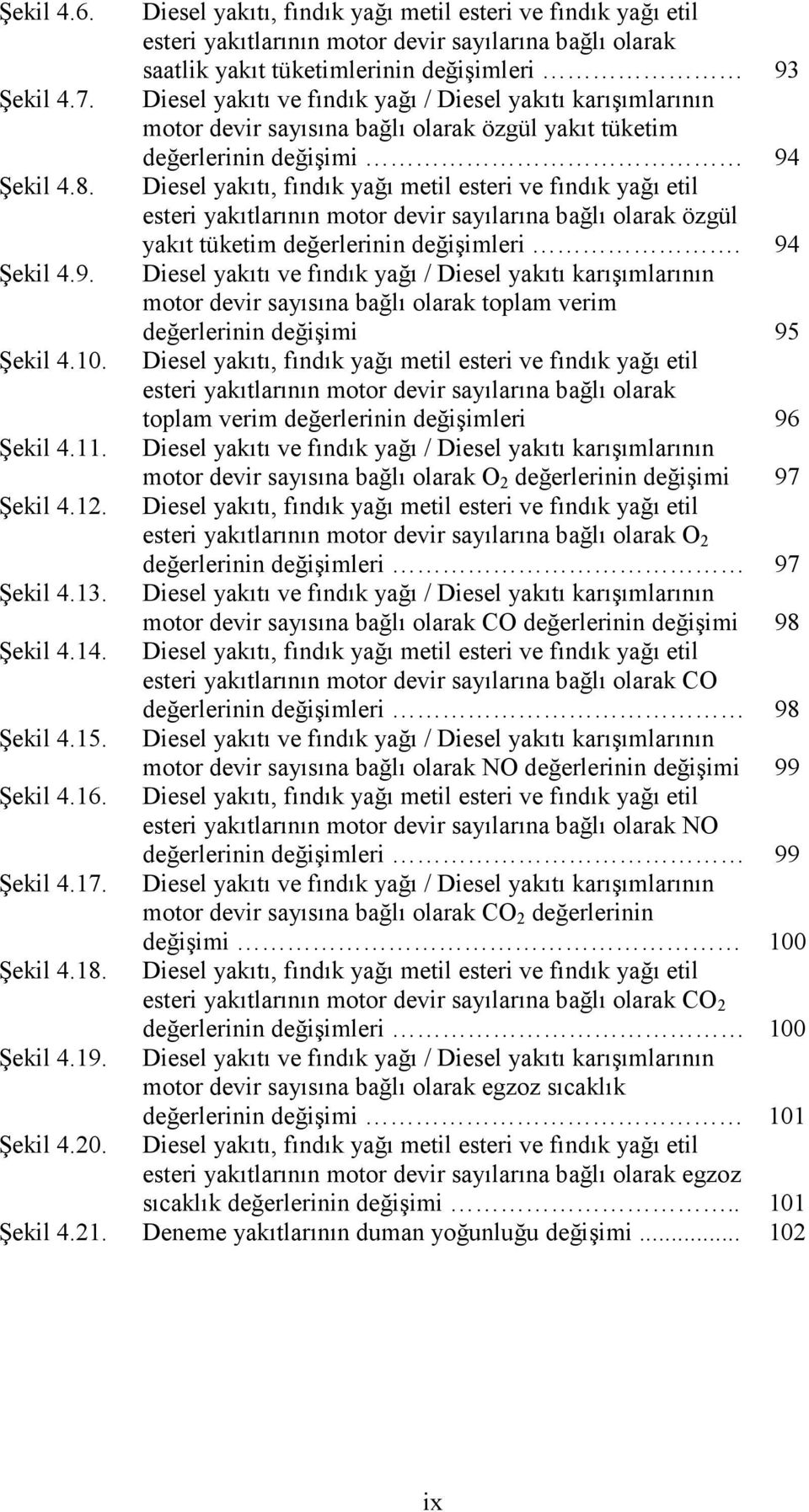 Diesel yakıtı, fındık yağı metil esteri ve fındık yağı etil esteri yakıtlarının motor devir sayılarına bağlı olarak özgül yakıt tüketim değerlerinin değişimleri. 94