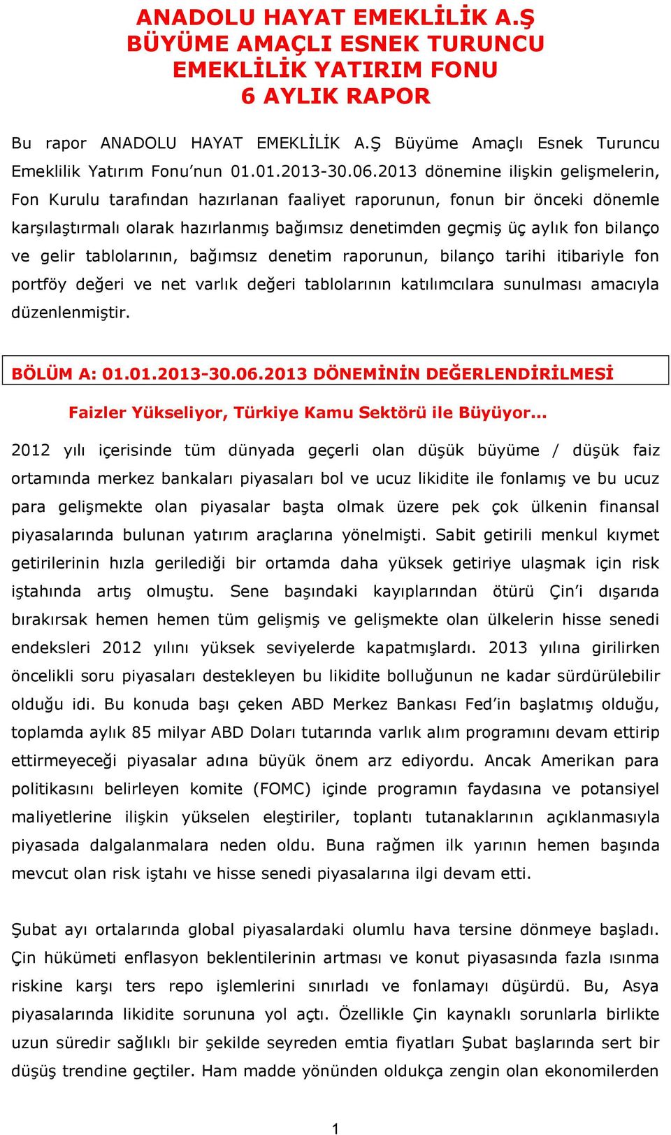 ve gelir tablolarının, bağımsız denetim raporunun, bilanço tarihi itibariyle fon portföy değeri ve net varlık değeri tablolarının katılımcılara sunulması amacıyla düzenlenmiştir. BÖLÜM A: 01.01.2013-30.