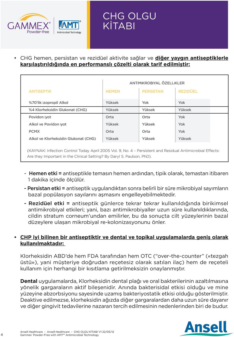 Alkol ve Klorheksidin Glukonat (CHG) Yüksek Yüksek Yüksek (KAYNAK: Infection Control Today April 2005 Vol. 9, No.