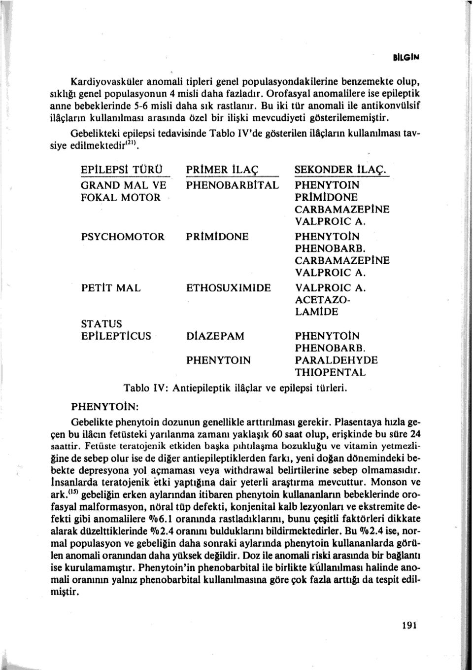 Gebelikteki epilepsi tedavisinde Tablo IV'de gösterilen ilaçların kullanılması tavsiye edilmektedir 12 n.