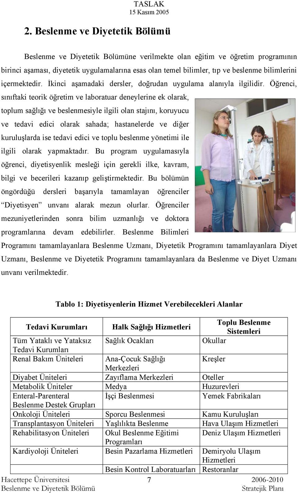 Öğrenci, sınıftaki teorik öğretim ve laboratuar deneylerine ek olarak, toplum sağlığı ve beslenmesiyle ilgili olan stajını, koruyucu ve tedavi edici olarak sahada; hastanelerde ve diğer kuruluşlarda