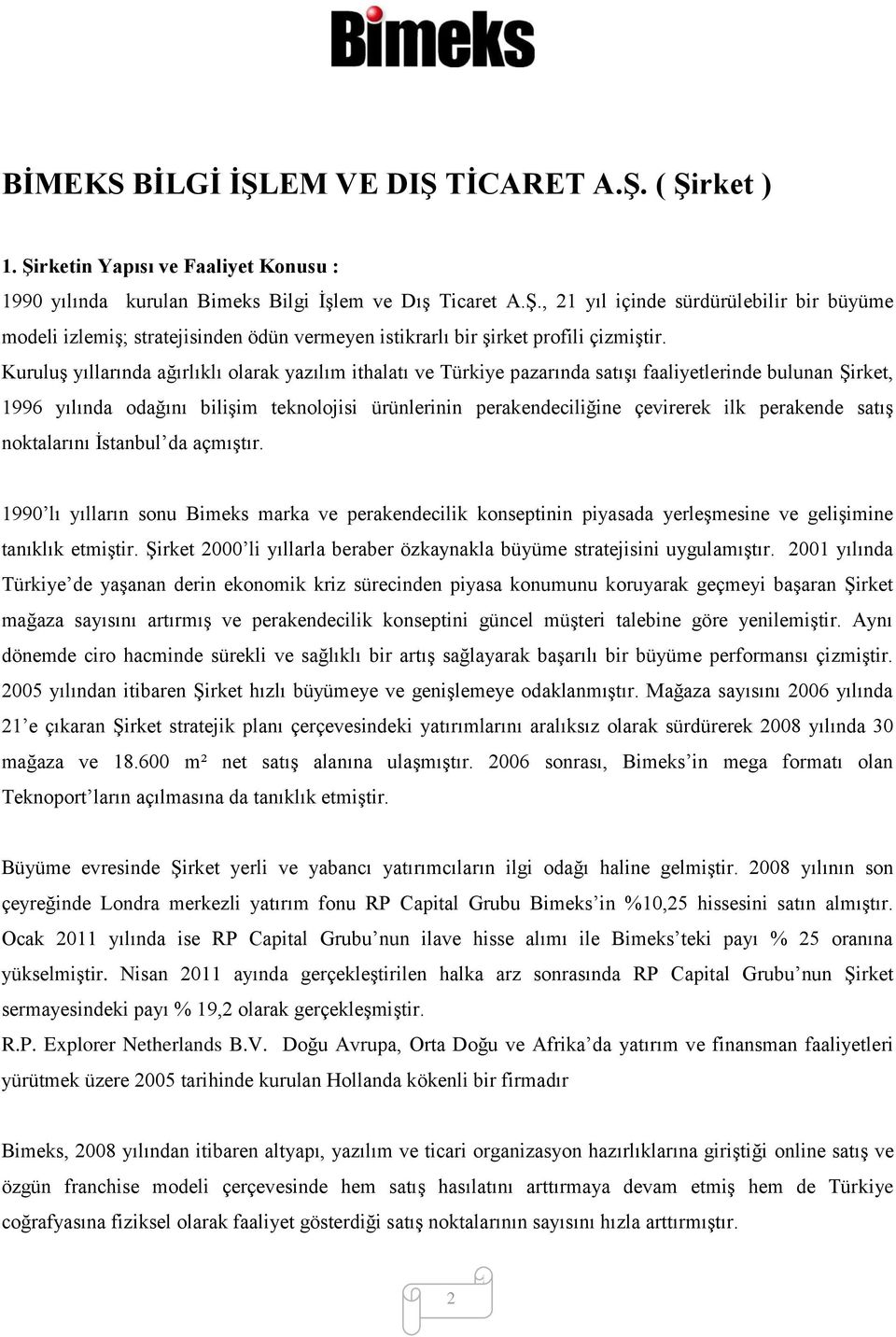 perakende satış noktalarını İstanbul da açmıştır. 1990 lı yılların sonu Bimeks marka ve perakendecilik konseptinin piyasada yerleşmesine ve gelişimine tanıklık etmiştir.