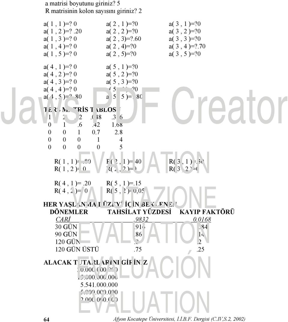 0 a( 4, 5 )=?.80 a( 5, 5 )=?.80 TERS MATRİS TABLOSU 1 2.12.048.336 0 1.6.42 1.68 0 0 1 0.7 2.8 0 0 0 1 4 0 0 0 0 5 R( 1, 1 )=.80 R( 2, 1 )=.40 R( 3, 1 )=.
