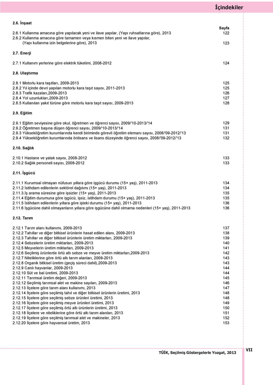 8.3 Trafik kazaları,2009-2013 126 2.8.4 Yol uzunlukları,2009-2013 127 2.8.5 Kullanılan yakıt türüne göre motorlu kara taşıt sayısı, 2009-2013 128 2.9. Eğitim 2.9.1 Eğitim seviyesine göre okul, öğretmen ve öğrenci sayısı, 2009/'10-2013/'14 129 2.