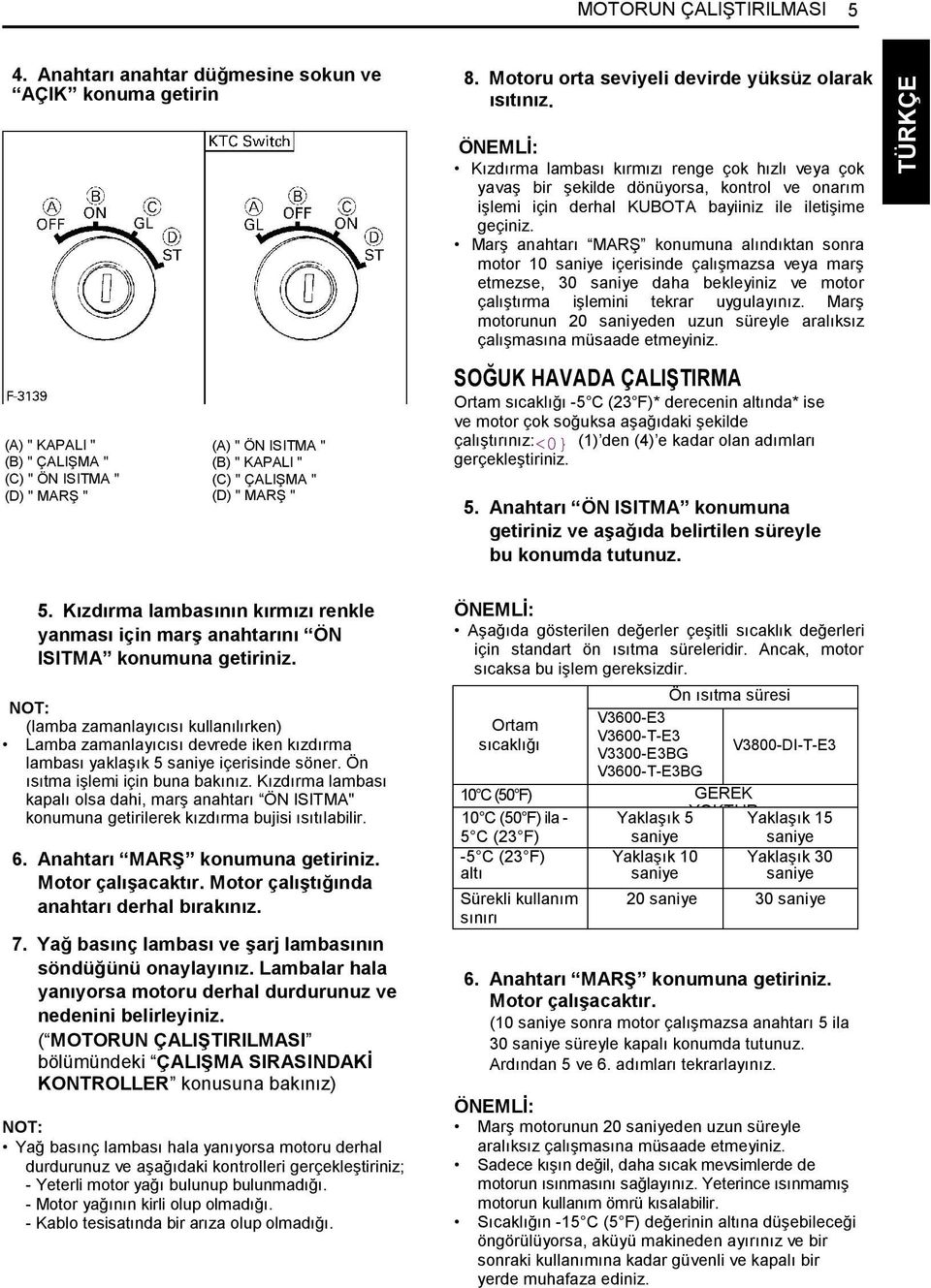 Motoru orta seviyeli devirde yüksüz olarak ısıtınız.