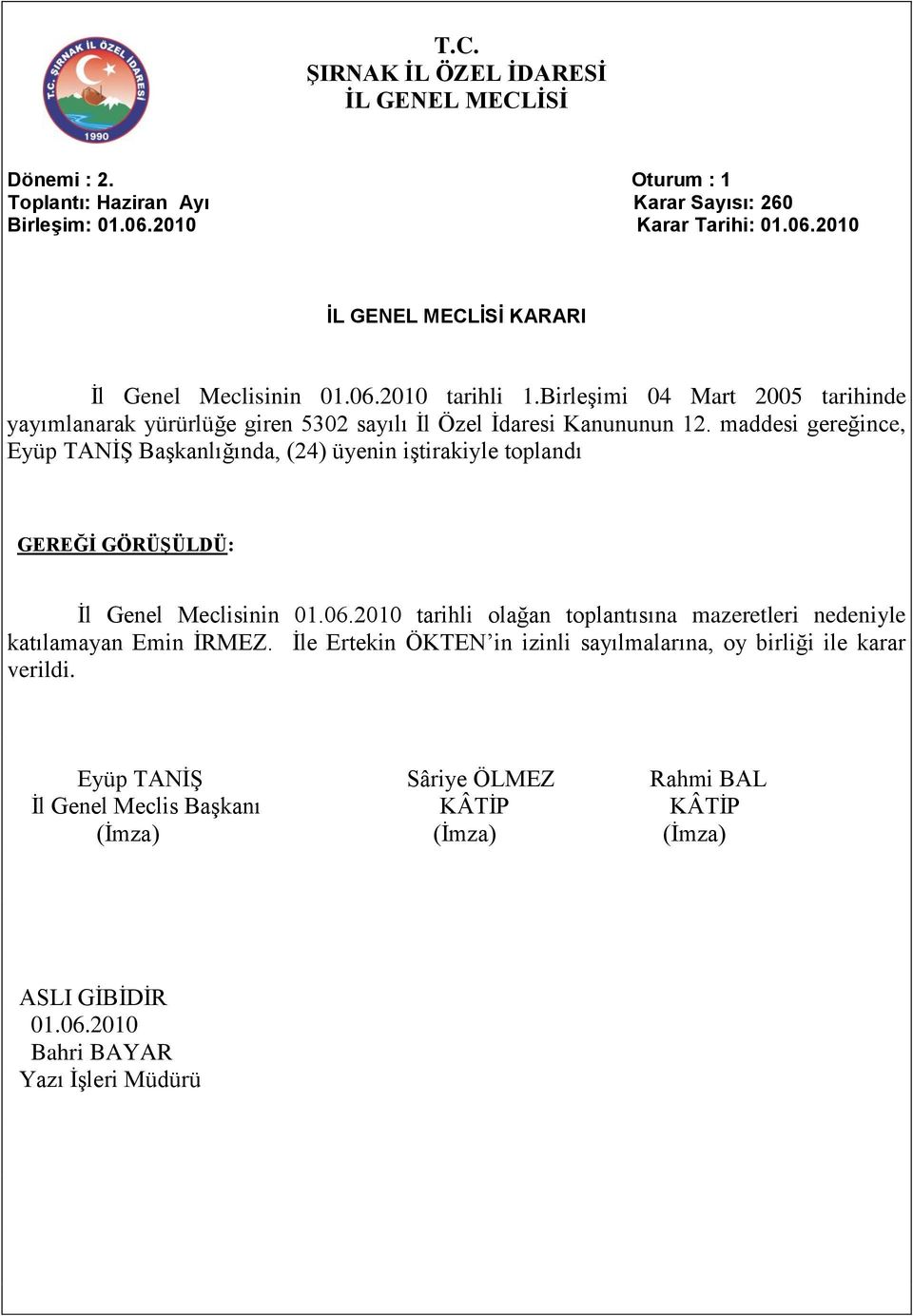 Birleşimi 04 Mart 2005 tarihinde Eyüp TANİŞ Başkanlığında, (24) üyenin iştirakiyle toplandı İl Genel Meclisinin 01.06.