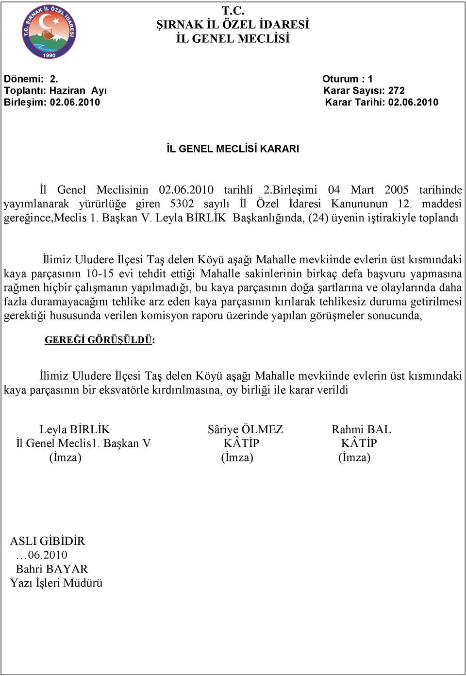 Leyla BİRLİK Başkanlığında, (24) üyenin iştirakiyle toplandı İlimiz Uludere İlçesi Taş delen Köyü aşağı Mahalle mevkiinde evlerin üst kısmındaki kaya parçasının 10-15 evi tehdit ettiği Mahalle