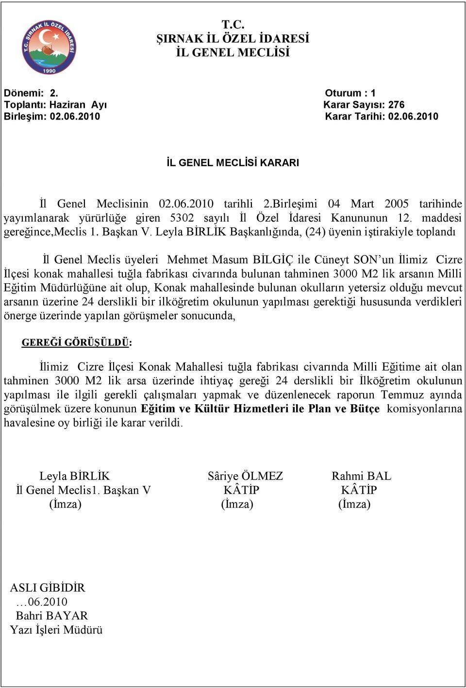 Leyla BİRLİK Başkanlığında, (24) üyenin iştirakiyle toplandı İl Genel Meclis üyeleri Mehmet Masum BİLGİÇ ile Cüneyt SON un İlimiz Cizre İlçesi konak mahallesi tuğla fabrikası civarında bulunan