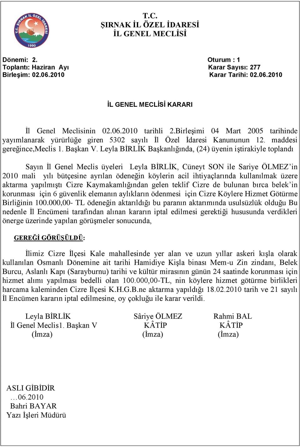 Leyla BİRLİK Başkanlığında, (24) üyenin iştirakiyle toplandı Sayın İl Genel Meclis üyeleri Leyla BİRLİK, Cüneyt SON ile Sariye ÖLMEZ in 2010 mali yılı bütçesine ayrılan ödeneğin köylerin acil