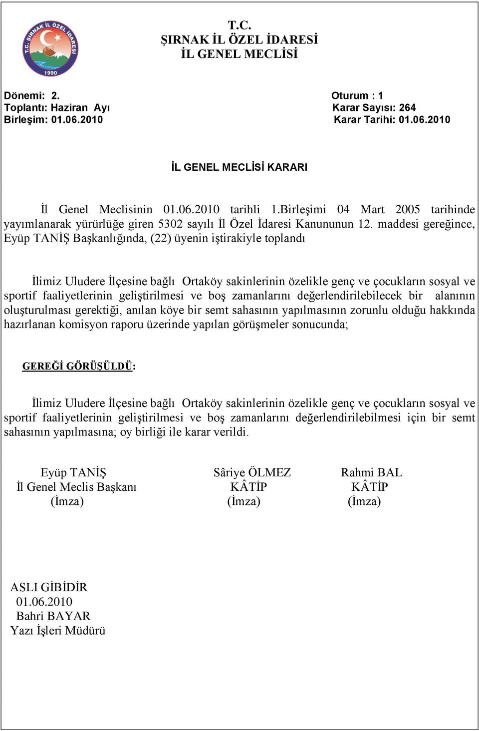 faaliyetlerinin geliştirilmesi ve boş zamanlarını değerlendirilebilecek bir alanının oluşturulması gerektiği, anılan köye bir semt sahasının yapılmasının zorunlu olduğu hakkında hazırlanan komisyon