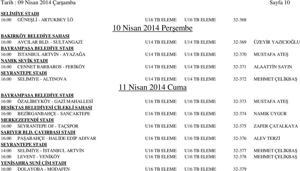 ELEME U14 TB ELEME 32-371 ALAATTİN SAYIN 16:00 SELİMİYE - ALTINOVA U14 TB ELEME U14 TB ELEME 32-372 MEHMET ÇELİKBAŞ 11 Nisan 2014 Cuma 16:00 ÖZALİBEYKÖY - GAZİ MAHALLESİ U16 TB ELEME U16 TB ELEME