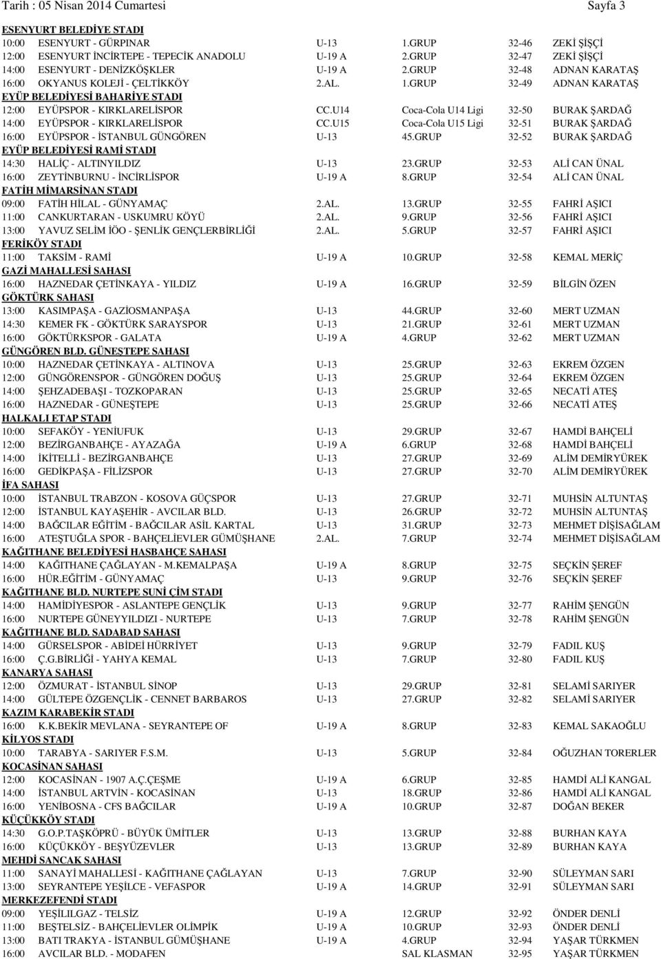 U14 Coca-Cola U14 Ligi 32-50 BURAK ŞARDAĞ 14:00 EYÜPSPOR - KIRKLARELİSPOR CC.U15 Coca-Cola U15 Ligi 32-51 BURAK ŞARDAĞ 16:00 EYÜPSPOR - İSTANBUL GÜNGÖREN U-13 45.