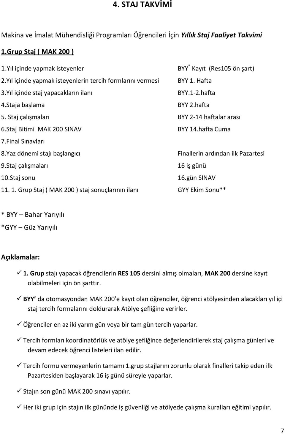 Staj Bitimi MAK 200 SINAV BYY 14.hafta Cuma 7.Final Sınavları 8.Yaz dönemi stajı başlangıcı Finallerin ardından ilk Pazartesi 9.Staj çalışmaları 16 iş günü 10.Staj sonu 16.gün SINAV 11. 1. Grup Staj ( MAK 200 ) staj sonuçlarının ilanı GYY Ekim Sonu** * BYY Bahar Yarıyılı *GYY Güz Yarıyılı Açıklamalar: 1.