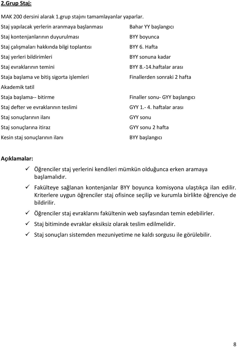 Hafta Staj yerleri bildirimleri BYY sonuna kadar Staj evraklarının temini BYY 8.-14.