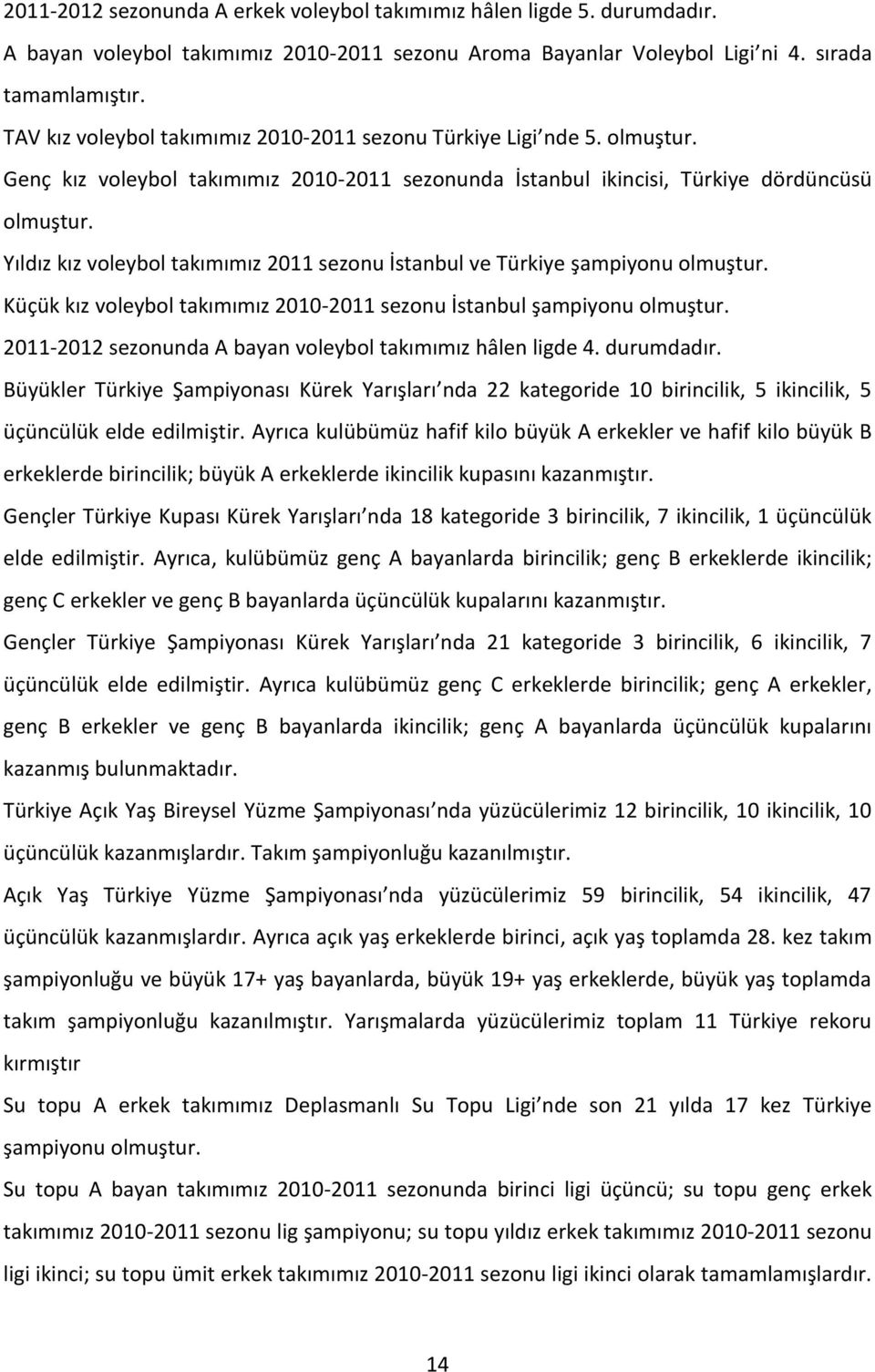 Yıldız kız voleybol takımımız 2011 sezonu İstanbul ve Türkiye şampiyonu olmuştur. Küçük kız voleybol takımımız 2010-2011 sezonu İstanbul şampiyonu olmuştur.