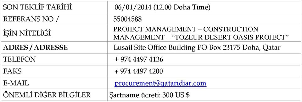 MANAGEMENT TOZEUR DESERT OASIS PROJECT Lusail Site Office Building PO Box