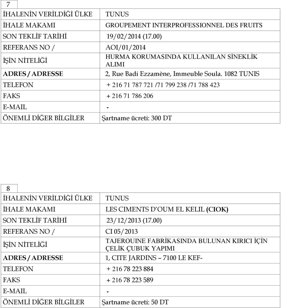 1082 TUNIS TELEFON + 216 71 787 721 /71 799 238 /71 788 423 FAKS + 216 71 786 206 Şartname ücreti: 300 DT 8 LES CIMENTS D OUM EL KELIL