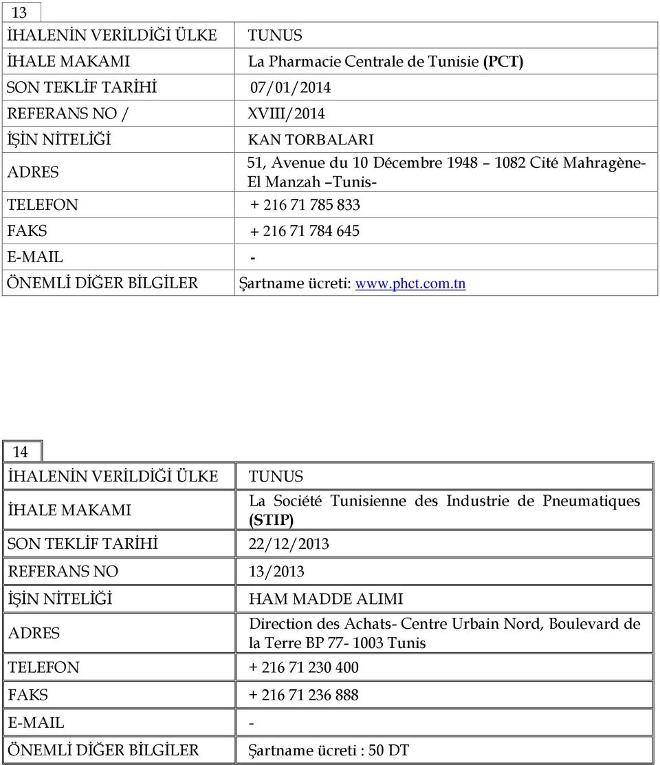 tn 14 La Société Tunisienne des Industrie de Pneumatiques (STIP) SON TEKLİF TARİHİ 22/12/2013 REFERANS NO 13/2013 HAM MADDE ALIMI ADRES