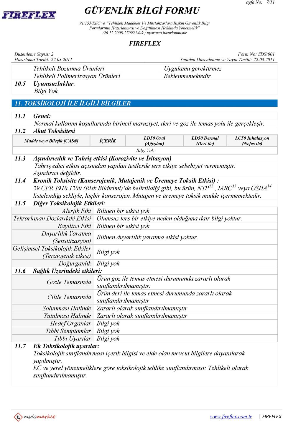2 Akut Toksisitesi Madde veya Bileşik [CAS#] İÇERİK LD50 Oral (Ağızdan) LD50 Dermal (Deri ile) LC50 Inhalasyon (Nefes ile) 11.