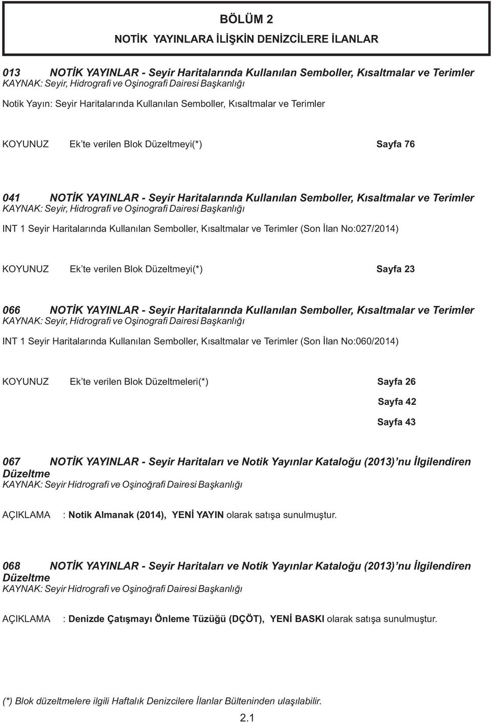 Terimler KAYNAK: Seyir, Hidrografi ve Oþinografi Dairesi Baþkanlýðý INT 1 Seyir Haritalarýnda Kullanýlan Semboller, Kýsaltmalar ve Terimler (Son Ýlan No:027/2014) Ek te verilen Blok Düzeltmeyi(*)