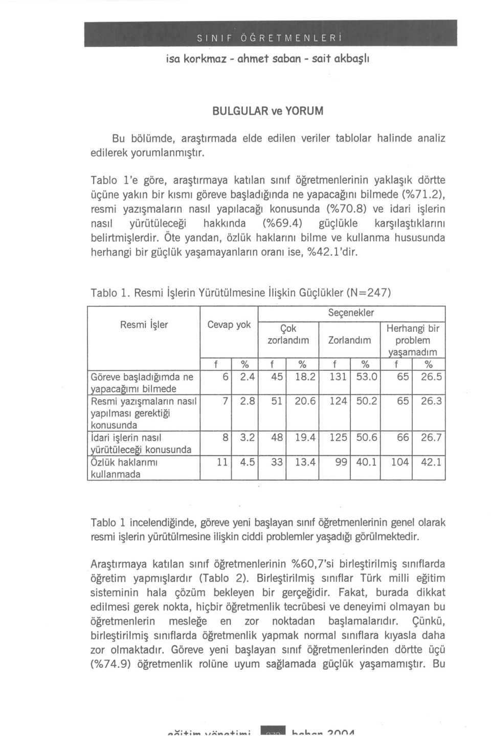 8) ve idari islerin nasil yürütülecegi hakkinda (%69.4) güçlükle karsilastiklarini belirtmislerdir.