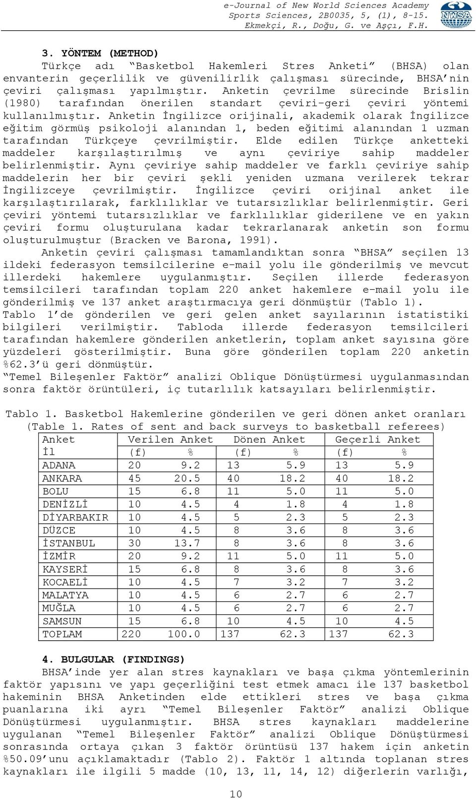 Anketin İngilizce orijinali, akademik olarak İngilizce eğitim görmüş psikoloji alanından 1, beden eğitimi alanından 1 uzman tarafından Türkçeye çevrilmiştir.