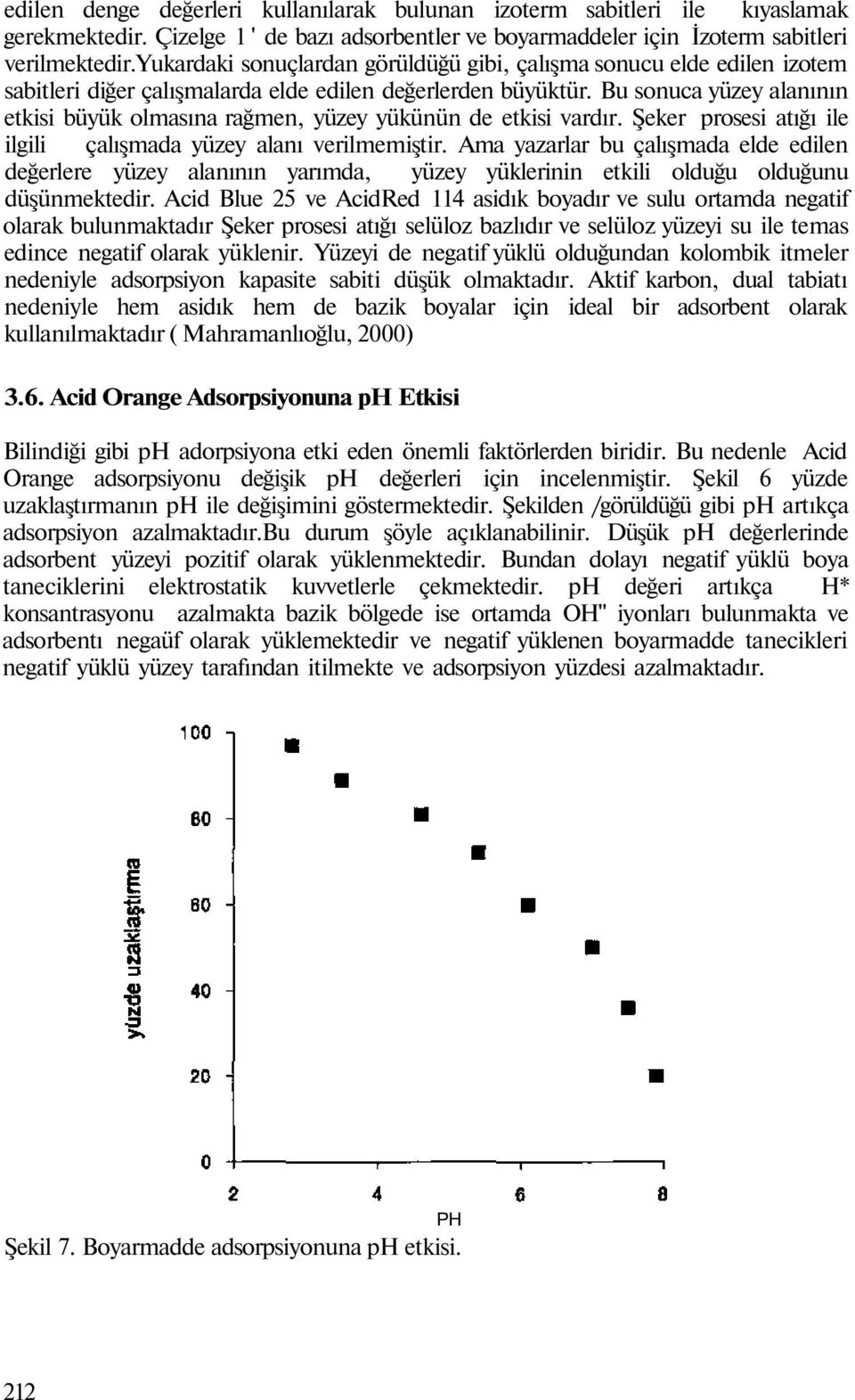 Bu sonuca yüzey alanının etkisi büyük olmasına rağmen, yüzey yükünün de etkisi vardır. Şeker prosesi atığı ile ilgili çalışmada yüzey alanı verilmemiştir.