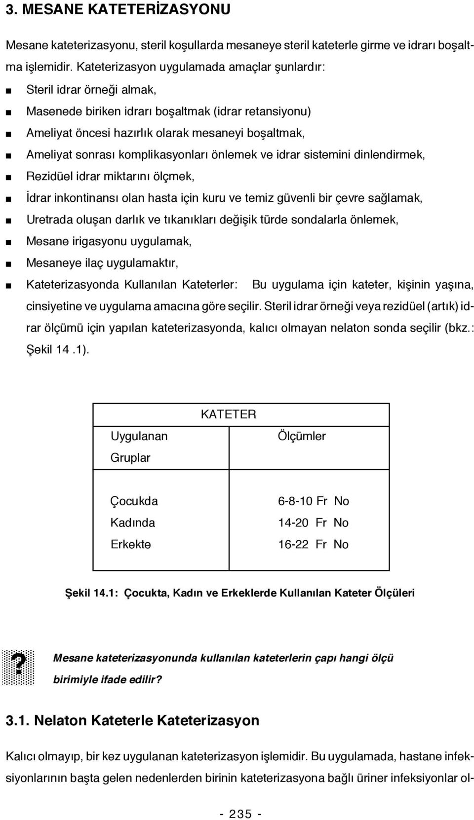 komplikasyonları önlemek ve idrar sistemini dinlendirmek, Rezidüel idrar miktarını ölçmek, İdrar inkontinansı olan hasta için kuru ve temiz güvenli bir çevre sağlamak, Uretrada oluşan darlık ve